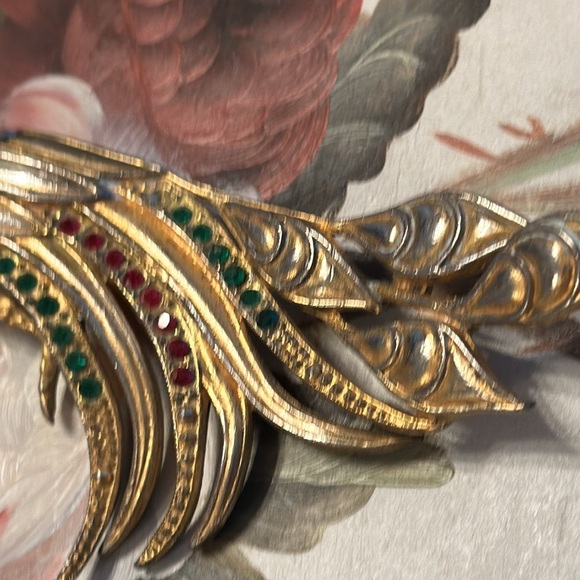 Vintage 30’s Bird of Paradise pot metal w/vermeil/rhinestones brooch 5 3/8” - Picture 3 of 14